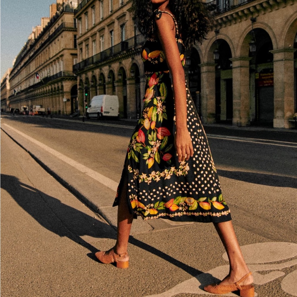 Sezane and Farm Rio Collab Dorotha Floral Black Midi Dress